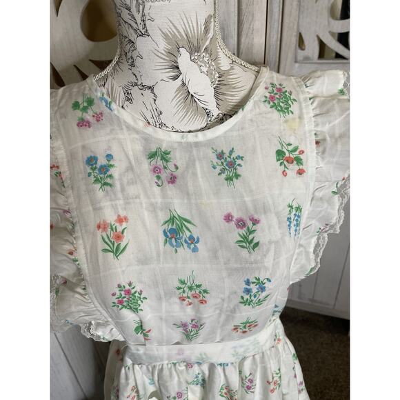 Vintage Womens Full Apron Floral Ruffle Mod Retro 60s 70s Double Tie Back - Picture 3 of 5